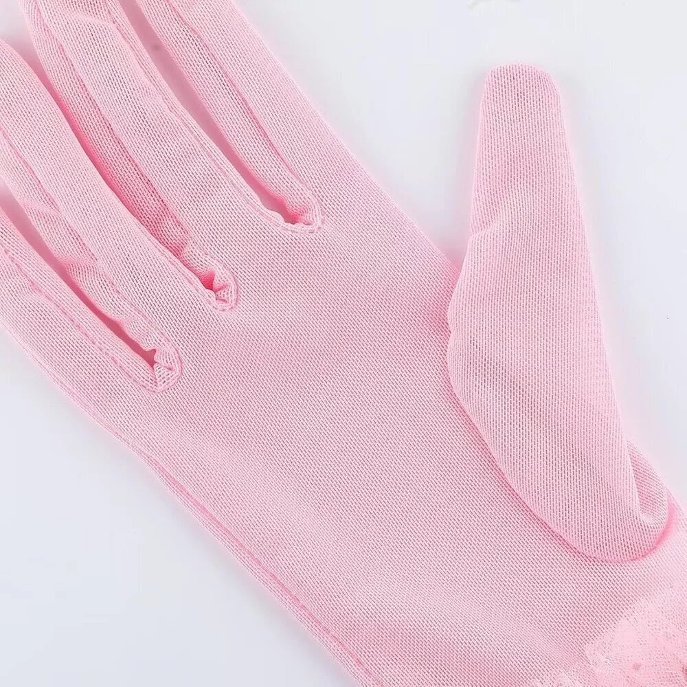 Women's Short Lace Dark Pink Sheer Mesh Tea Party Prom Gloves Banquet Costume